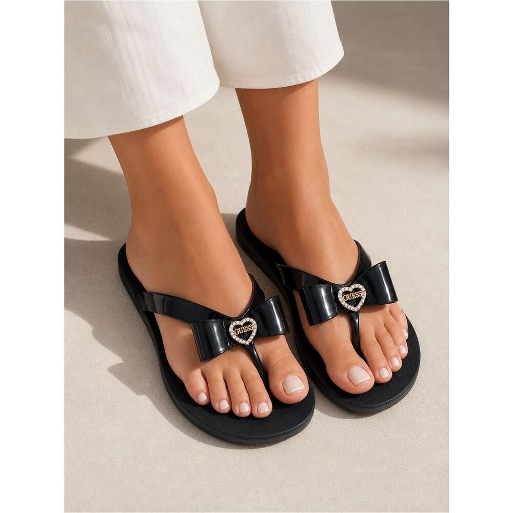 Guess Black Bow Thong Sandals with Heart Logo Accent